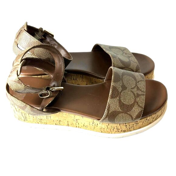 Coach Talulah Brown Signature Print Platform Ankle Strap Sandals Size 6B - Picture 9 of 15